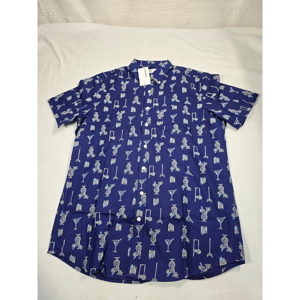 Sonoma Mens LT Perfect-Length Shirt Navy Blue Cocktail Print Short Sleeve NWT